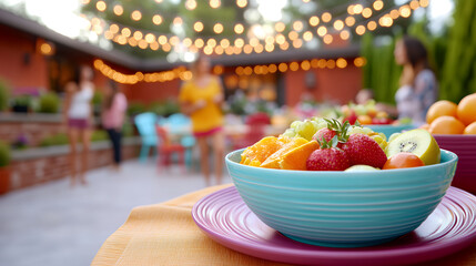 Fototapeta premium A festive outdoor dining scene with a bowl of fruits and string lights, ideal for a summer celebration