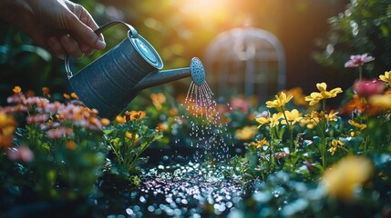 person waters bright newly planted flowers using metal watering can in well kept backyard. small greenhouse is visible in background enhancing garden's charm.