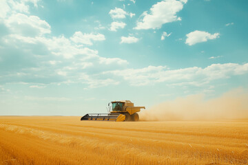 Naklejka premium Combine harvester working in golden wheat field under clear blue sky during sunny day