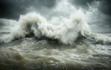 Obraz premium Stormy sea waves crashing, coastal scene, dramatic sky, weather