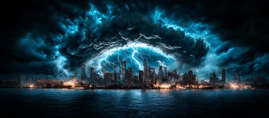 Obraz premium Cityscape Under Siege: A Massive Thunderstorm Unleashes Furious Lightning Bolts