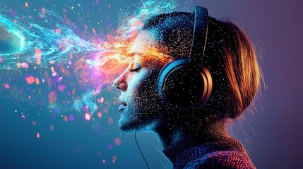 Naklejka premium Woman listening to music with headphones, experiencing a colorful visual effect in a digitally created atmosphere