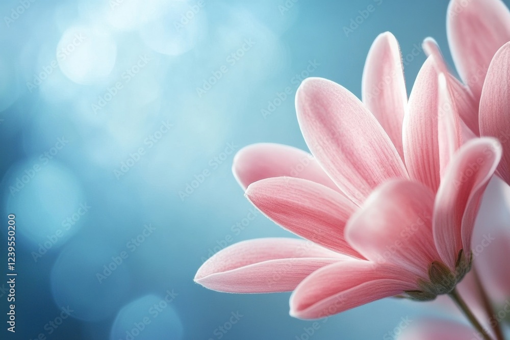 Aufkleber soft pink flower petals gently illuminated against a blue background with bokeh highlights in a tran