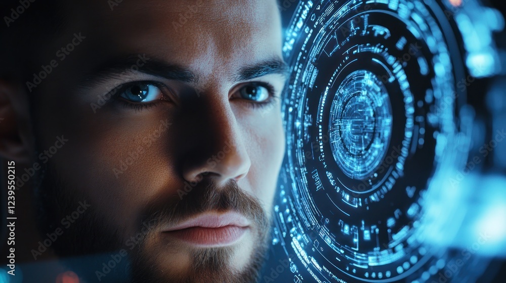 Aufkleber man's gaze into digital future, illuminated by complex technology interface