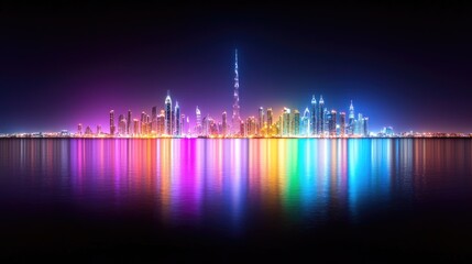 Fototapeta premium Night cityscape, vibrant lights reflected on water, modern architecture, travel destination