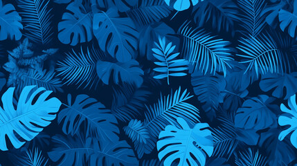 Naklejka premium A collection of vibrant blue and purple monstera leaves with intricate details and cutouts, creating a visually striking and colorful pattern.