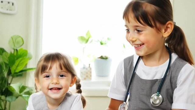 Smiling young girl wearing a toy stethoscope playing doctor with a child in a bright room. Childhood role-playing and imagination concept.