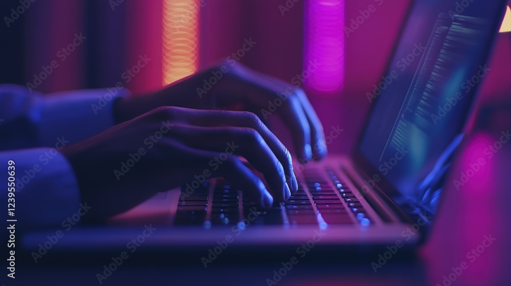 Poster close up of hands typing code on a laptop keyboard in a dimly lit room illuminated by neon lights, s