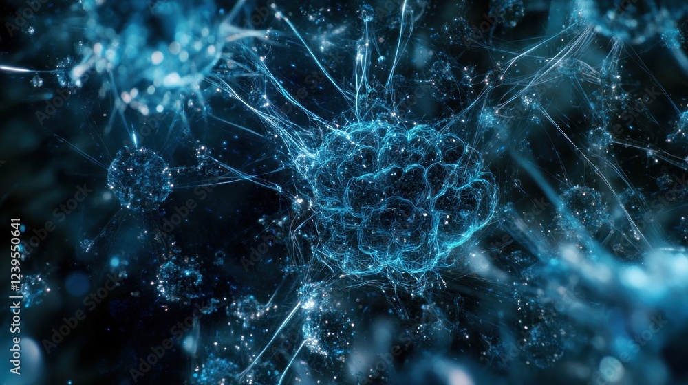 Poster abstract neural network concept with interconnected luminous blue nodes