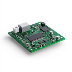 Isolated green circuit board with electronic components and microchip on a white background for technology designs