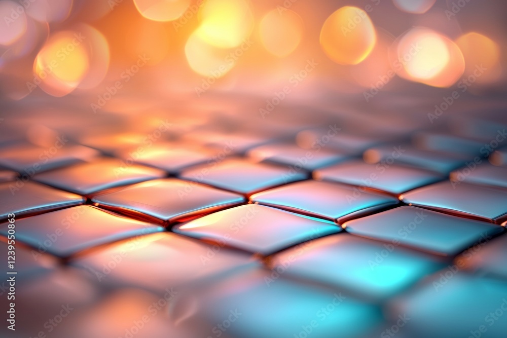Poster vibrant abstract metallic tiles with warm glowing bokeh in background
