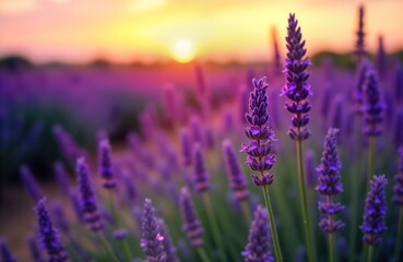 Obraz premium Beautiful lavender field at sunrise. Purple blossoms create vibrant background. Aromatic plants in rural setting. Sunlight highlights blossoms creating scenic view. Aromas of lavender fill air.