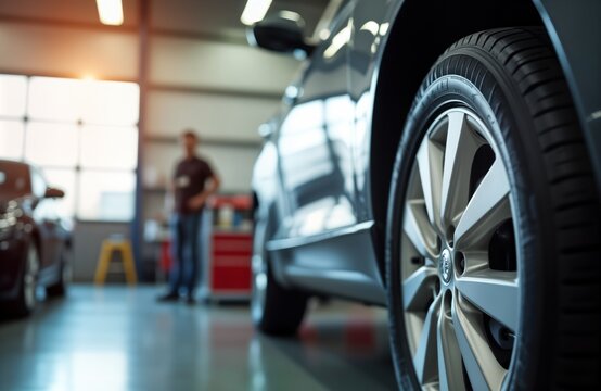 Closeup view of car tire maintenance in auto repair shop. Mechanic works on car wheel. Customer stands near car in garage. Car care service in progress. Vehicle parked in service center. Expert