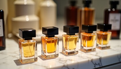 Elegant perfume bottles displayed on white countertop. Modern fragrance display sophisticated design. Attractive presentation of perfume samples. Stylish bottles with amber liquid. Perfect for