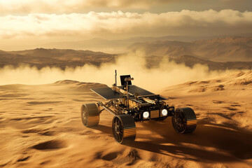 Fototapeta premium Mars rover explores arid terrain under dusty skies during a sunset on the Red Planet