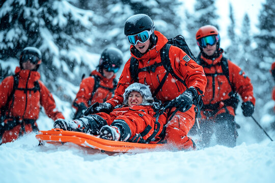 Ski rescue team assisting injured skier during snowy mountain rescue operation, vibrant orange sled in fresh snow.