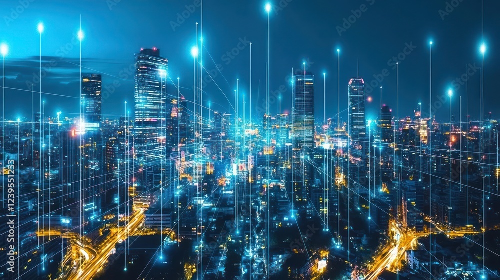 Aufkleber connected city at night with illuminated network lines forming a data matrix