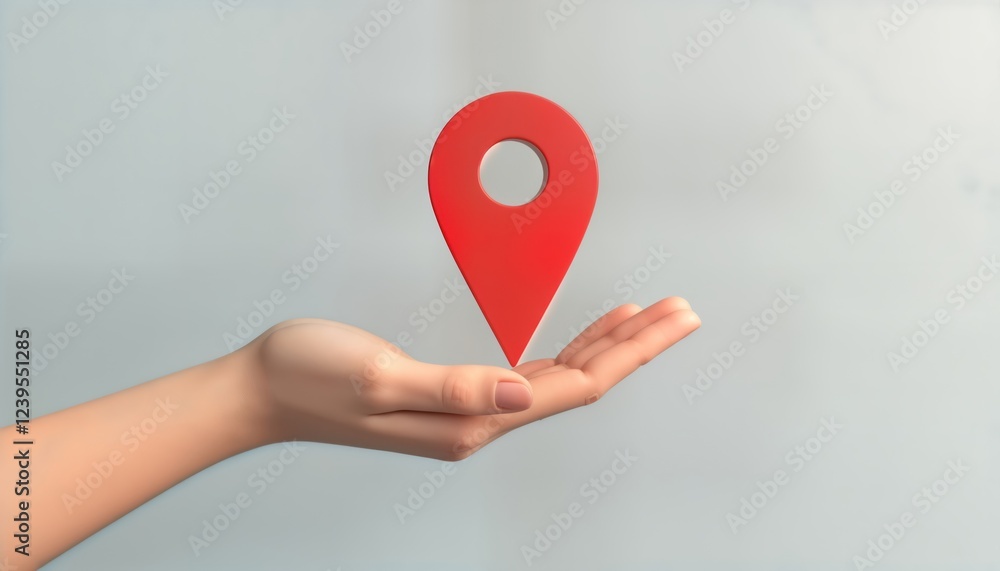 Aufkleber hand holds red map pin against plain light gray background. modern design for tech apps. hand offers