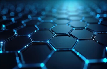 Obraz premium Abstract digital hexagon pattern. Futuristic design. Modern tech background. Blue light shining on dark surface. Geometric shape. Interconnected elements. Concept for innovation, tech. Modern