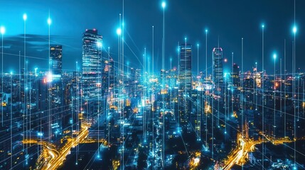 Connected city at night with illuminated network lines forming a data matrix