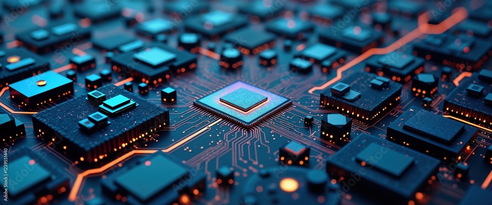 Leinwandbilder futuristic tech circuit city with glowing elements. dense network of interconnected microchips, comp