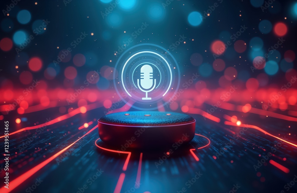Poster modern smart home device with voice support. illustration shows tech device with microphone icon, so