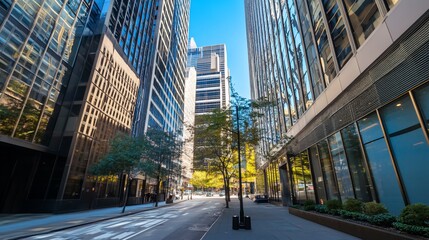 Obraz premium Skyscrapers rise above the urban street with their glass and steel facades