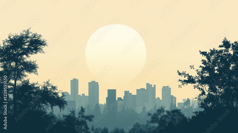 Aufkleber sunset over a city skyline with silhouettes of trees in the foreground and a large sun on the horizo