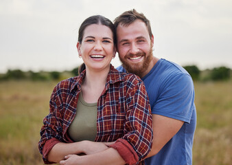 Outdoor, couple and portrait with hug on farm, sustainable environment and agro field with bonding. Countryside, man and woman with love embrace for admiration, agriculture and farmer in Australia