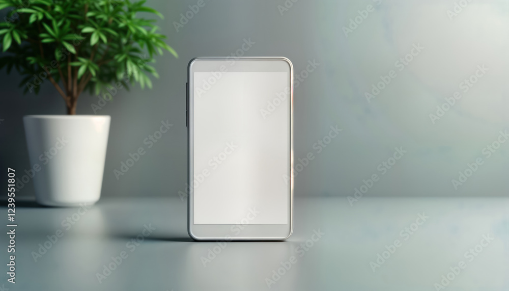 Poster modern smartphone mockup with empty screen sits on neutral surface. green plant in white pot in back