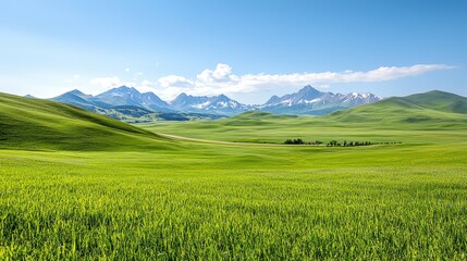 Obraz premium Lush green valley, majestic mountains, sunny day, tranquil landscape, travel poster