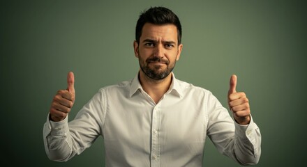 Fototapeta premium Conflicted expression on a man giving a thumbs-up with hesitation.
