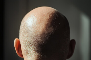 Fototapeta premium Person with shaved head in soft light, creating a calm atmosphere in a serene indoor setting