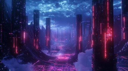 Obraz premium Futuristic Cityscape with Glowing Structures Amidst Mountainous Terrain