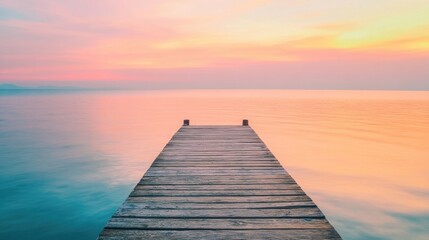 Obraz premium Calm sunset view over serene lake with wooden pier stretching into the tranquil waters. Generative AI