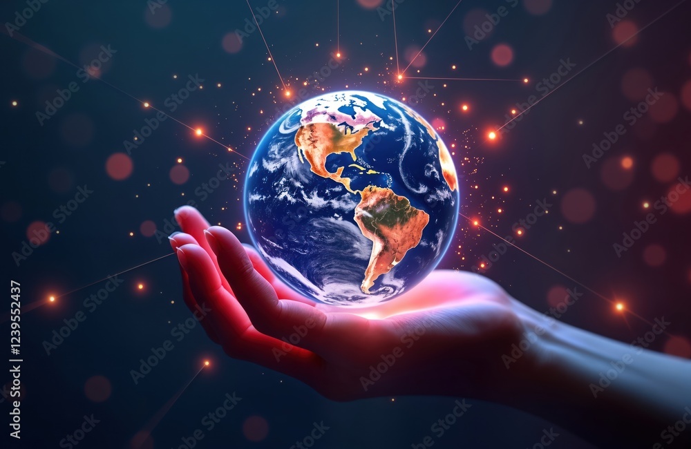 Fototapete hand holds glowing earth globe. global network connects with futuristic tech. innovation, communicat