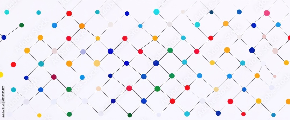 Poster a white background with colorful dots connected by lines, a simple geometric network pattern generat