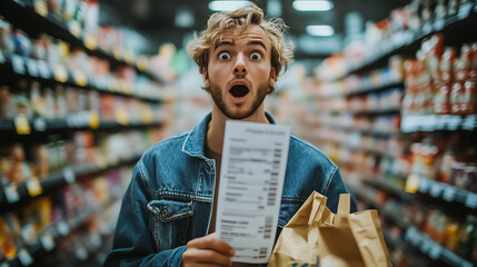 Photo of a person holding a long grocery store receipt in a supermarket, with an amazed expression, symbolizing the cost of groceries, shopping experience, and consumer reactions.