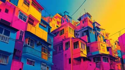 Buildings in vibrant colors and unconventional shapes, demonstrating dynamic dimensions and perspective. Unconventional Perspectives. Illustration