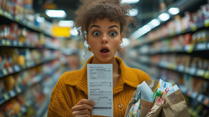 Photo of a person holding a long grocery store receipt in a supermarket, with an amazed expression, symbolizing the cost of groceries, shopping experience, and consumer reactions.