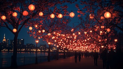 Colorful lanterns beautifully illuminate park sunset hanging from blooming trees while families and friends admire captivating scenery creating magical atmosphere.