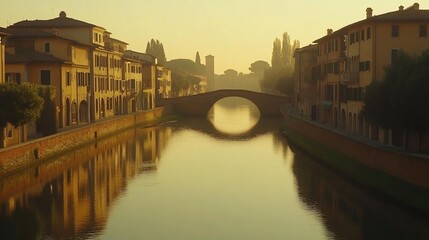 Naklejka premium Italian canal sunrise, bridge reflection, old town, mist