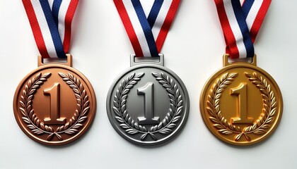 Bronze silver, gold medals. Champion winner medals. First prize awards. Achievement recognition. Success in competition. Sport event. Award ceremony. Competition medals displayed. Winning prizes.