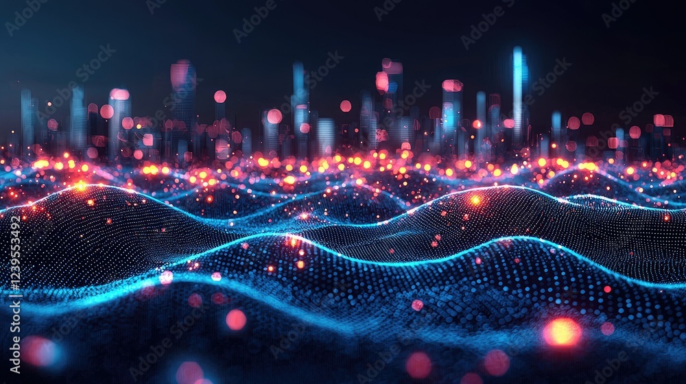Poster abstract digital cityscape with illuminated wave data