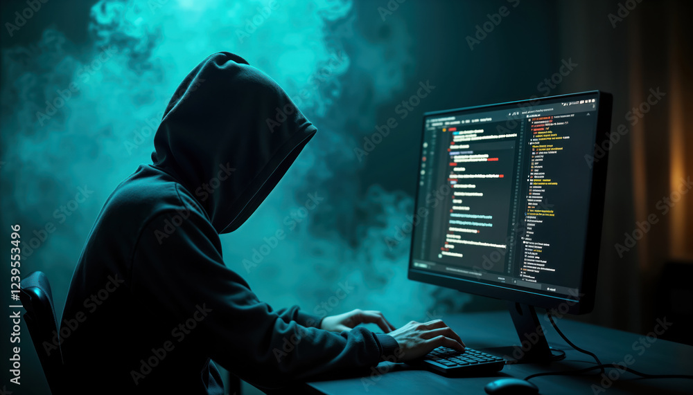 Poster hacker sits in low-lit room. computer screen shows encrypted sites. person types on keyboard. anonym