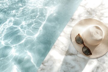 A sunny scene captures a joyful summer day with a stylish sun hat and trendy sunglasses by a shimmering pool, surrounded by elegant marble tiles, ideal for relaxation and a tropical escape