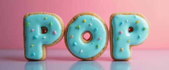 A playful arrangement of cookies shaped as the word POP showcases a delightful blue icing adorned with colorful sprinkles. This fun and whimsical image evokes a sense of joy and celebration, perfect