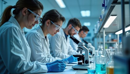 Medical research scientists work together in modern laboratory. Team focused on developing new drug treatment. Use microscopes, lab equipment. Bright, active environment. Research, development of