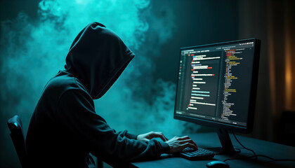 Hacker sits in low-lit room. Computer screen shows encrypted sites. Person types on keyboard. Anonymous chats and illegal listings on monitor. Clandestine tech environment. Person wears dark hoodie.