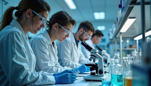 Medical research scientists work together in modern laboratory. Team focused on developing new drug treatment. Use microscopes, lab equipment. Bright, active environment. Research, development of